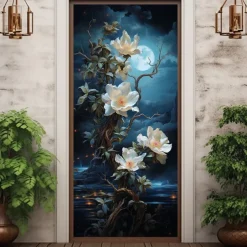 Flower Under Moon Door Covers Mural Decor Door Tapestry Door Curtain Decoration Backdrop Door Banner Removable for Front Door Indoor Outdoor Home Room Decoration Farmhouse Decor Supplies