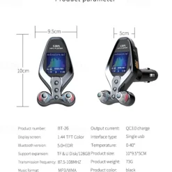 FM Transmitter for Car Wireless Bluetooth 5.0 in-Car Radio Adapter Audio Receiver with 1.44 Inch Color Screen QC 3.0 Dual USB Car Charger AUX Input/Output TF Card Mp3 Player