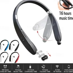 Foldable Bluetooth Headset Lightweight Retractable Bluetooth Headphones for Sports&Exercise Noise Cancelling Stereo Neckband Wireless Headset