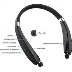 Foldable Bluetooth Headset Lightweight Retractable Bluetooth Headphones for Sports&Exercise Noise Cancelling Stereo Neckband Wireless Headset