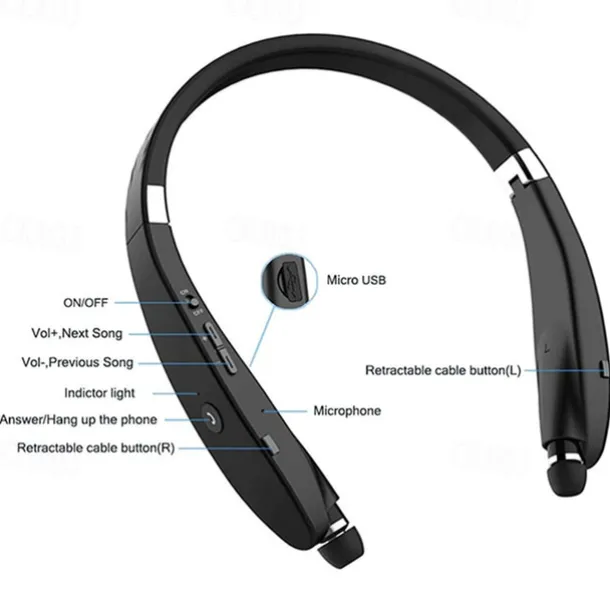 Foldable Bluetooth Headset Lightweight Retractable Bluetooth Headphones for Sports&Exercise Noise Cancelling Stereo Neckband Wireless Headset