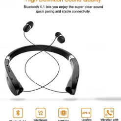 Foldable Bluetooth Headset Lightweight Retractable Bluetooth Headphones for Sports&Exercise Noise Cancelling Stereo Neckband Wireless Headset
