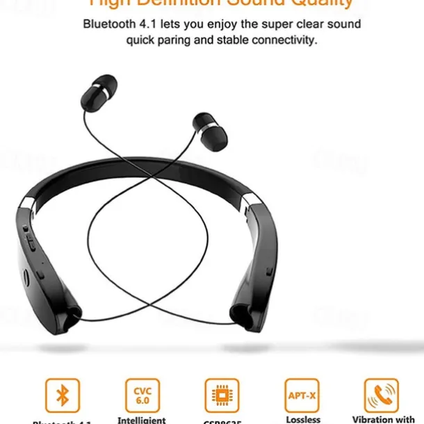 Foldable Bluetooth Headset Lightweight Retractable Bluetooth Headphones for Sports&Exercise Noise Cancelling Stereo Neckband Wireless Headset