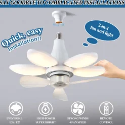 Foldable Ceiling Fan with Lights and Remote, Dimmable LED Bulb, 3000K-6500K, Easy Install for Bedroom, Living Room, Garage