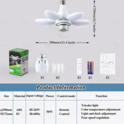 Foldable Ceiling Fan with Lights and Remote, Dimmable LED Bulb, 3000K-6500K, Easy Install for Bedroom, Living Room, Garage