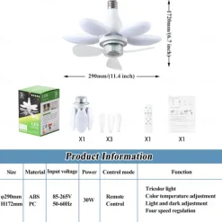 Foldable Ceiling Fan with Lights and Remote, Dimmable LED Bulb, 3000K-6500K, Easy Install for Bedroom, Living Room, Garage