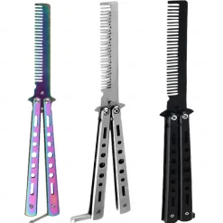 Foldable Comb Stainless Steel Practice Training Butterfly Knife Comb Beard Moustache Brushes Hairdressing Styling Tool