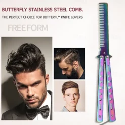 Foldable Comb Stainless Steel Practice Training Butterfly Knife Comb Beard Moustache Brushes Hairdressing Styling Tool