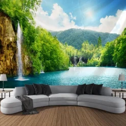 Forest Landscape Waterfall Hanging Tapestry Wall Art Large Tapestry Mural Decor Photograph Backdrop Blanket Curtain Home Bedroom Living Room Decoration