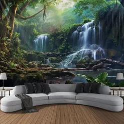 Forest Waterfall Hanging Tapestry Wall Art Large Tapestry Mural Decor Photograph Backdrop Blanket Curtain Home Bedroom Living Room Decoration