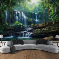 Forest Waterfall Hanging Tapestry Wall Art Large Tapestry Mural Decor Photograph Backdrop Blanket Curtain Home Bedroom Living Room Decoration
