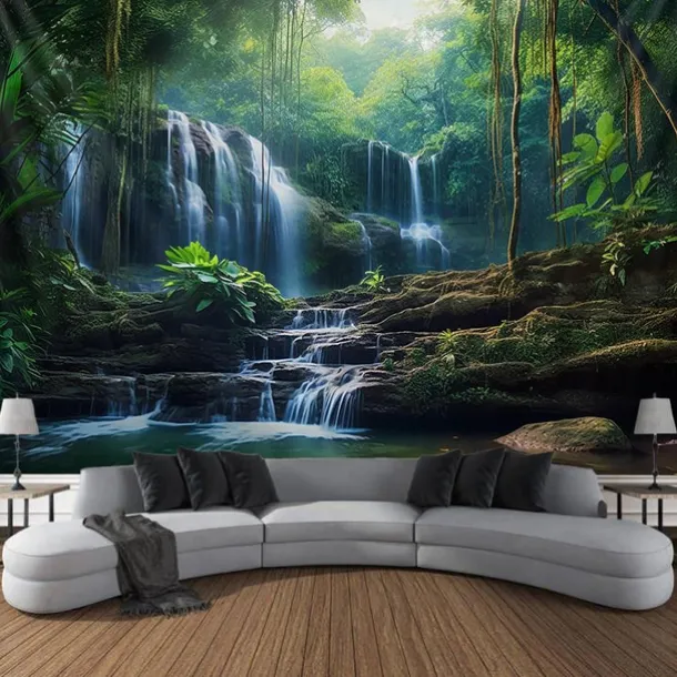 Forest Waterfall Hanging Tapestry Wall Art Large Tapestry Mural Decor Photograph Backdrop Blanket Curtain Home Bedroom Living Room Decoration