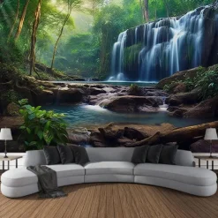 Forest Waterfall Hanging Tapestry Wall Art Large Tapestry Mural Decor Photograph Backdrop Blanket Curtain Home Bedroom Living Room Decoration