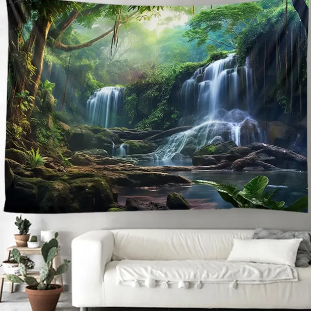 Forest Waterfall Hanging Tapestry Wall Art Large Tapestry Mural Decor Photograph Backdrop Blanket Curtain Home Bedroom Living Room Decoration