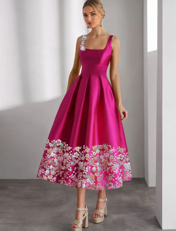 Formal Floral A-Line Cocktail Dresses Elegant Dress Wedding Guest Ankle Length Sleeveless Boat Neck Pocket Satin with Floral Print Embroidery Pocket Dresses