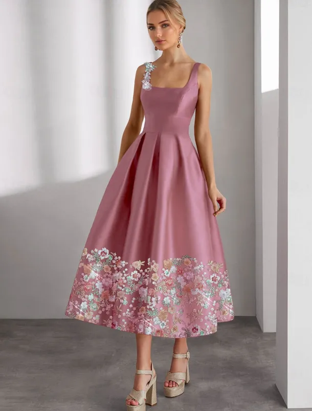 Formal Floral A-Line Cocktail Dresses Elegant Dress Wedding Guest Ankle Length Sleeveless Boat Neck Pocket Satin with Floral Print Embroidery Pocket Dresses