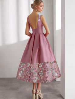 Formal Floral A-Line Cocktail Dresses Elegant Dress Wedding Guest Ankle Length Sleeveless Boat Neck Pocket Satin with Floral Print Embroidery Pocket Dresses