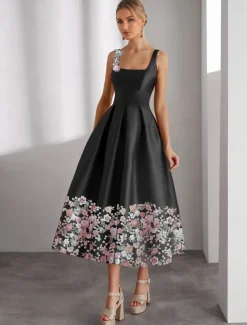 Formal Floral A-Line Cocktail Dresses Elegant Dress Wedding Guest Ankle Length Sleeveless Boat Neck Pocket Satin with Floral Print Embroidery Pocket Dresses
