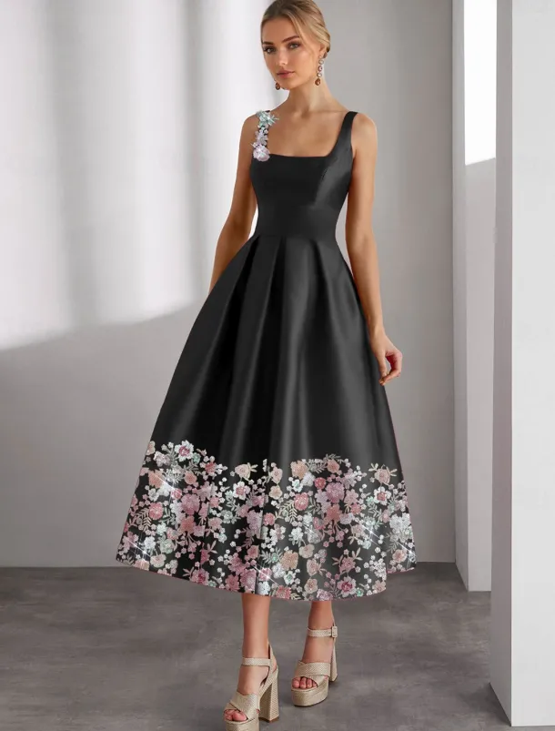 Formal Floral A-Line Cocktail Dresses Elegant Dress Wedding Guest Ankle Length Sleeveless Boat Neck Pocket Satin with Floral Print Embroidery Pocket Dresses