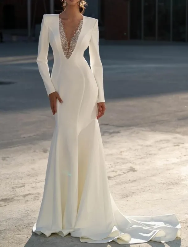 Formal Wedding Dresses Mermaid V Neck Long Sleeve Sweep / Brush Train Chiffon Bridal Gowns With Beading Solid Color