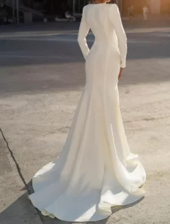 Formal Wedding Dresses Mermaid V Neck Long Sleeve Sweep / Brush Train Chiffon Bridal Gowns With Beading Solid Color