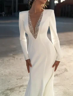 Formal Wedding Dresses Mermaid V Neck Long Sleeve Sweep / Brush Train Chiffon Bridal Gowns With Beading Solid Color