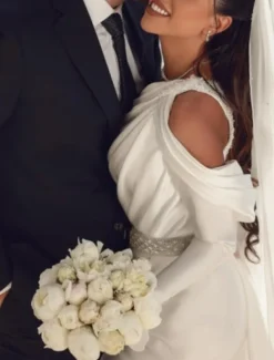 Formal Wedding Dresses Two Piece One Shoulder Long Sleeve Floor Length Satin Bridal Gowns With Sash / Ribbon Beading