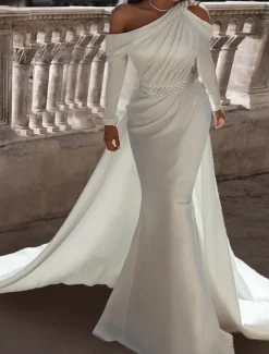 Formal Wedding Dresses Two Piece One Shoulder Long Sleeve Floor Length Satin Bridal Gowns With Sash / Ribbon Beading