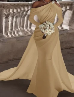 Formal Wedding Dresses Two Piece One Shoulder Long Sleeve Floor Length Satin Bridal Gowns With Sash / Ribbon Beading