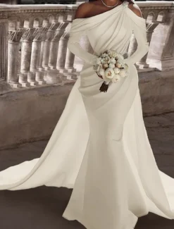 Formal Wedding Dresses Two Piece One Shoulder Long Sleeve Floor Length Satin Bridal Gowns With Sash / Ribbon Beading