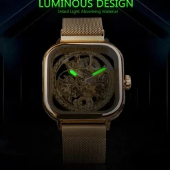 Forsining Golden Men Automatic Watch Square Skeleton Mesh Steel Band Mechanical Business Clock Relogio Masculino