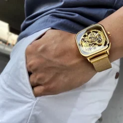 Forsining Golden Men Automatic Watch Square Skeleton Mesh Steel Band Mechanical Business Clock Relogio Masculino