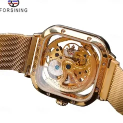 Forsining Golden Men Automatic Watch Square Skeleton Mesh Steel Band Mechanical Business Clock Relogio Masculino