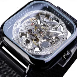 Forsining Golden Men Automatic Watch Square Skeleton Mesh Steel Band Mechanical Business Clock Relogio Masculino