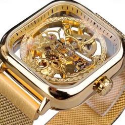 Forsining Golden Men Automatic Watch Square Skeleton Mesh Steel Band Mechanical Business Clock Relogio Masculino