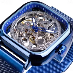 Forsining Golden Men Automatic Watch Square Skeleton Mesh Steel Band Mechanical Business Clock Relogio Masculino
