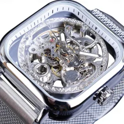 Forsining Golden Men Automatic Watch Square Skeleton Mesh Steel Band Mechanical Business Clock Relogio Masculino