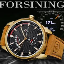 FORSINING Men Mechanical Watch Outdoor Sports Fashion Wristwatch Automatic Self-winding Luminous Calendar Waterproof Leather Watch