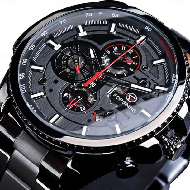 Forsining Men Mechanical Watch Top Brand Luxury Military Sport Wristwatch Three Dials Calendar Luminous Automatic Self-winding Waterproof Mechanical Stainless Steel Watch Male Clock