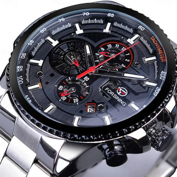 Forsining Men Mechanical Watch Top Brand Luxury Military Sport Wristwatch Three Dials Calendar Luminous Automatic Self-winding Waterproof Mechanical Stainless Steel Watch Male Clock
