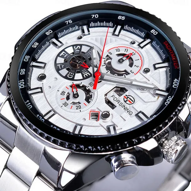 Forsining Men Mechanical Watch Top Brand Luxury Military Sport Wristwatch Three Dials Calendar Luminous Automatic Self-winding Waterproof Mechanical Stainless Steel Watch Male Clock