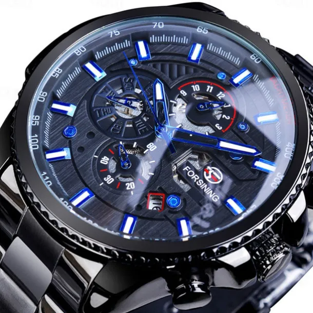 Forsining Men Mechanical Watch Top Brand Luxury Military Sport Wristwatch Three Dials Calendar Luminous Automatic Self-winding Waterproof Mechanical Stainless Steel Watch Male Clock