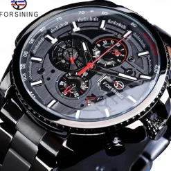 Forsining Men Mechanical Watch Top Brand Luxury Military Sport Wristwatch Three Dials Calendar Luminous Automatic Self-winding Waterproof Mechanical Stainless Steel Watch Male Clock