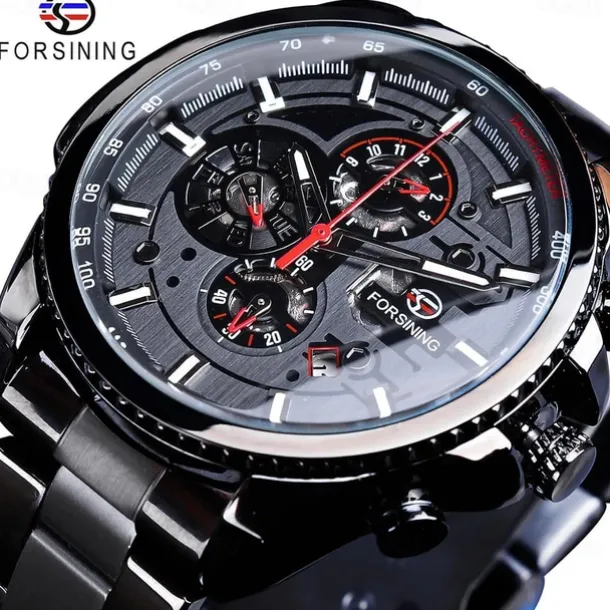 Forsining Men Mechanical Watch Top Brand Luxury Military Sport Wristwatch Three Dials Calendar Luminous Automatic Self-winding Waterproof Mechanical Stainless Steel Watch Male Clock