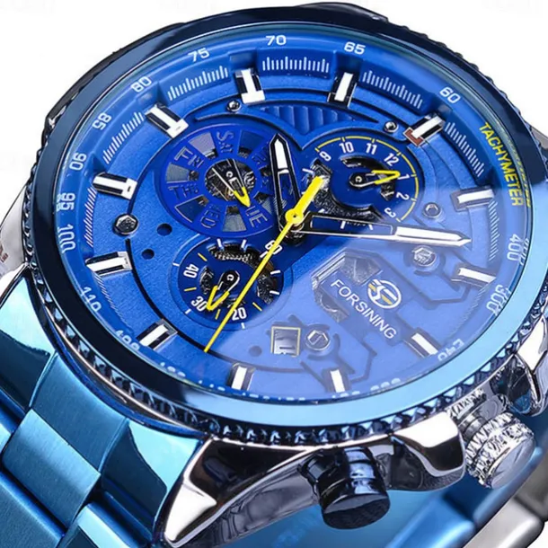 Forsining Men Mechanical Watch Top Brand Luxury Military Sport Wristwatch Three Dials Calendar Luminous Automatic Self-winding Waterproof Mechanical Stainless Steel Watch Male Clock