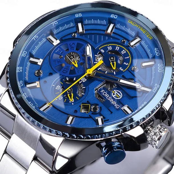 Forsining Men Mechanical Watch Top Brand Luxury Military Sport Wristwatch Three Dials Calendar Luminous Automatic Self-winding Waterproof Mechanical Stainless Steel Watch Male Clock