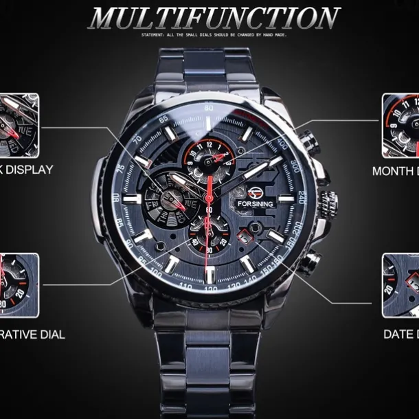Forsining Men Mechanical Watch Top Brand Luxury Military Sport Wristwatch Three Dials Calendar Luminous Automatic Self-winding Waterproof Mechanical Stainless Steel Watch Male Clock
