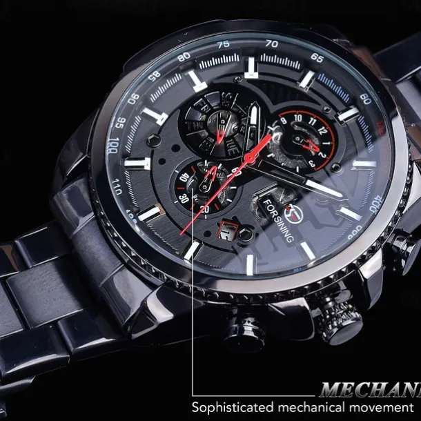 Forsining Men Mechanical Watch Top Brand Luxury Military Sport Wristwatch Three Dials Calendar Luminous Automatic Self-winding Waterproof Mechanical Stainless Steel Watch Male Clock