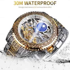 FORSINING Men Mechanical Watch Retro Vintage Luxury Large Dial Fashion Hollow Skeleton Automatic Self-winding Moon phase Luminous Stainless Steel Strap Watch