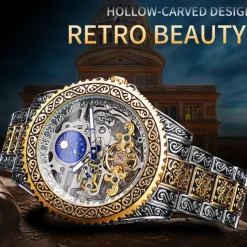 FORSINING Men Mechanical Watch Retro Vintage Luxury Large Dial Fashion Hollow Skeleton Automatic Self-winding Moon phase Luminous Stainless Steel Strap Watch